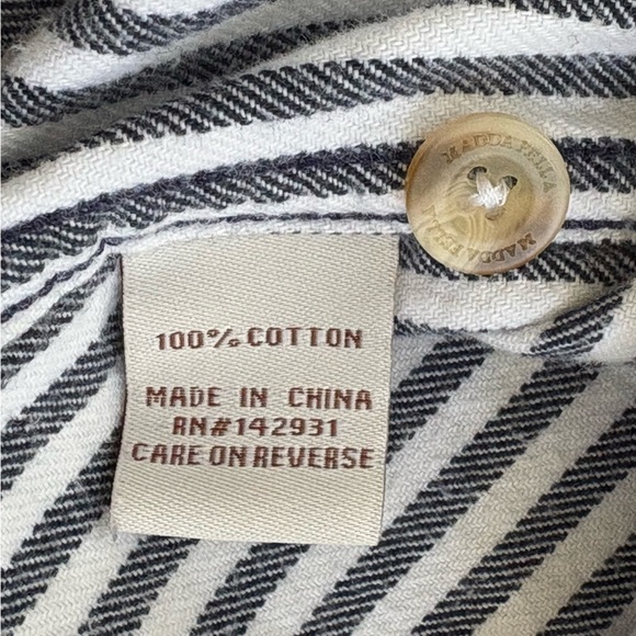 Madda Fella Castaway Striped Band Collar Shirt Mens L 100% Cotton Blue White - Picture 5 of 10
